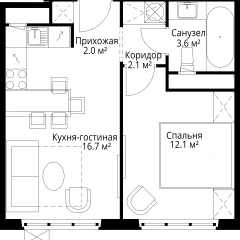 Планировка 1-комнатной квартиры 36.5 м² в ЖК У реки Эко Видное 2.0