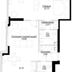 Планировка 1-комнатной квартиры 64.8 м² в ЖК Hide (Хайд)