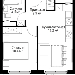Планировка 1-комнатной квартиры 33.5 м² в ЖК У реки Эко Видное 2.0