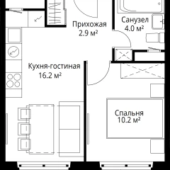 Планировка 1-комнатной квартиры 33.3 м² в ЖК У реки Эко Видное 2.0