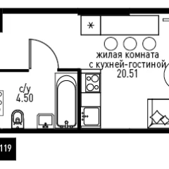 Планировка Студи-комнатной квартиры 29.56 м² в ЖК Инноватор