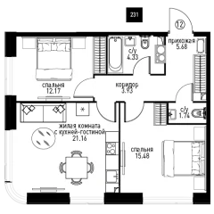 Планировка 3-комнатной квартиры 64.26 м² в ЖК Инноватор
