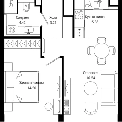 Планировка 1-комнатной квартиры 44.1 м² в ЖК MOD (Мод)