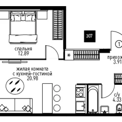 Планировка 2-комнатной квартиры 42.11 м² в ЖК Инноватор