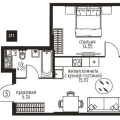 Планировка 2-комнатной квартиры 40.02 м² в ЖК Инноватор