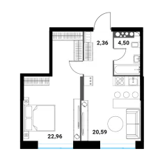 Планировка 2-комнатной квартиры 50.41 м² в ЖК Инноватор