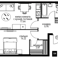 Планировка 2-комнатной квартиры 47.16 м² в ЖК Инноватор