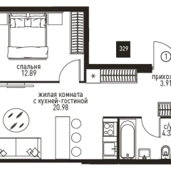 Планировка 2-комнатной квартиры 42.11 м² в ЖК Инноватор