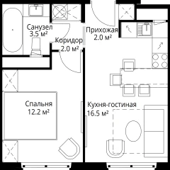 Планировка 1-комнатной квартиры 36.2 м² в ЖК У реки Эко Видное 2.0