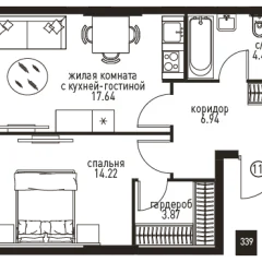 Планировка 2-комнатной квартиры 47.16 м² в ЖК Инноватор