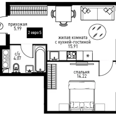 Планировка 2-комнатной квартиры 40.19 м² в ЖК Инноватор