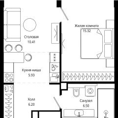 Планировка 1-комнатной квартиры 44.2 м² в ЖК MOD (Мод)