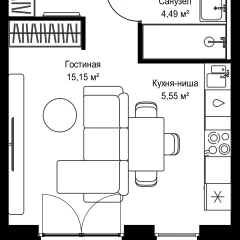 Планировка студии 34.5 м² в ЖК Селигер Сити