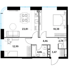Планировка 3-комнатной квартиры 70.68 м² в ЖК Инноватор