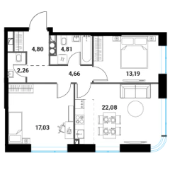 Планировка 3-комнатной квартиры 68.83 м² в ЖК Инноватор