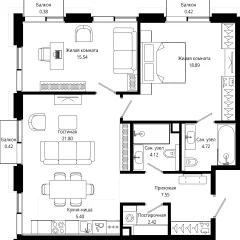 Планировка 2-комнатной квартиры 80.3 м² в ЖК MOD (Мод)