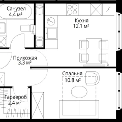 Планировка 1-комнатной квартиры 33 м² в ЖК У реки Эко Видное 2.0