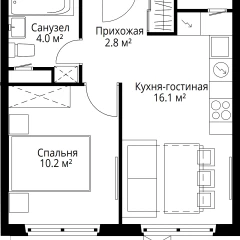 Планировка 1-комнатной квартиры 33.1 м² в ЖК У реки Эко Видное 2.0