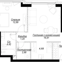 Планировка 1-комнатной квартиры 47 м² в ЖК Hide (Хайд)