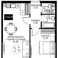 Планировка 2-комнатной квартиры 48.19 м² в ЖК Инноватор