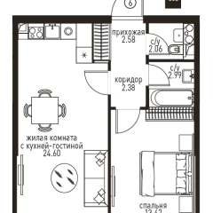 Планировка 2-комнатной квартиры 48.03 м² в ЖК Инноватор