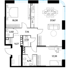 Планировка 3-комнатной квартиры 99.16 м² в ЖК Инноватор