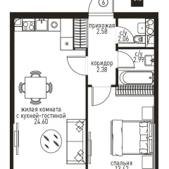 Планировка 2-комнатной квартиры 48.03 м² в ЖК Инноватор