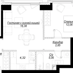 Планировка 1-комнатной квартиры 45.9 м² в ЖК Hide (Хайд)