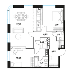 Планировка кварт-комнатной квартиры 99.8 м² в ЖК Инноватор