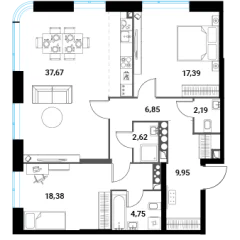Планировка 3-комнатной квартиры 99.8 м² в ЖК Инноватор