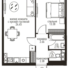 Планировка 2-комнатной квартиры 47.47 м² в ЖК Инноватор
