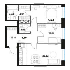 Планировка кварт-комнатной квартиры 74.35 м² в ЖК Инноватор
