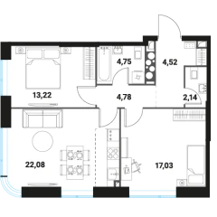 Планировка кварт-комнатной квартиры 68.52 м² в ЖК Инноватор