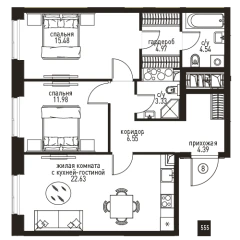Планировка 3-комнатной квартиры 72.83 м² в ЖК Инноватор