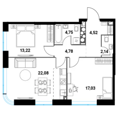 Планировка 3-комнатной квартиры 68.52 м² в ЖК Инноватор