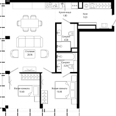 Планировка 2-комнатной квартиры 68.6 м² в ЖК MOD (Мод)