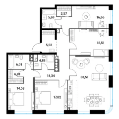 Планировка 5-комнатной квартиры 147.83 м² в ЖК Инноватор