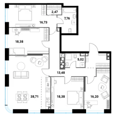 Планировка 5-комнатной квартиры 142.73 м² в ЖК Инноватор