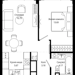 Планировка 1-комнатной квартиры 44.4 м² в ЖК MOD (Мод)