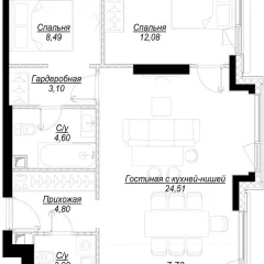 Планировка 2-комнатной квартиры 69.3 м² в ЖК Hide (Хайд)