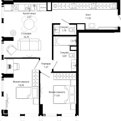 Планировка 2-комнатной квартиры 65.9 м² в ЖК MOD (Мод)