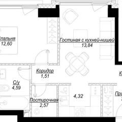 Планировка 1-комнатной квартиры 44.4 м² в ЖК Hide (Хайд)