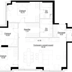 Планировка 3-комнатной квартиры 101.8 м² в ЖК Hide (Хайд)