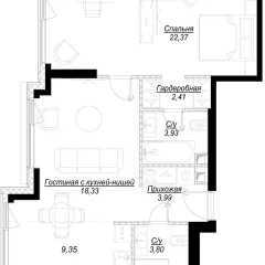 Планировка 1-комнатной квартиры 64.2 м² в ЖК Hide (Хайд)