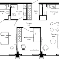 Планировка 2-комнатной квартиры 65.69 м² в ЖК MOD (Мод)
