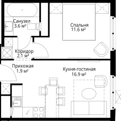Планировка 1-комнатной квартиры 36.1 м² в ЖК У реки Эко Видное 2.0