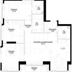 Планировка 3-комнатной квартиры 97.8 м² в ЖК Hide (Хайд)