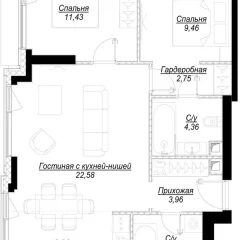 Планировка 2-комнатной квартиры 68.5 м² в ЖК Hide (Хайд)
