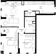 Планировка 2-комнатной квартиры 65.8 м² в ЖК MOD (Мод)
