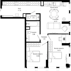 Планировка 2-комнатной квартиры 65.2 м² в ЖК MOD (Мод)
